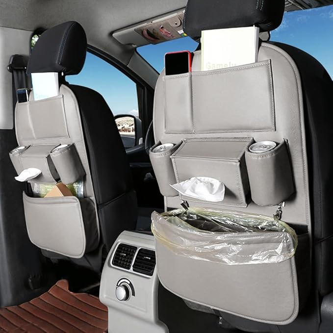 1PCS Car Backseat Organizer Seat Back Protectors Kick Mats, PU Leather Car Storage Organizer Hanging Bag with Car Tissue Holder Kids Toys Storage Car Accessories (Gray)