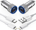 iPhone Car Charger,【2Pack】38W Dual Port USB C+QC3.0 [Apple MFi Certified] Fast Charging Cigarette Lighter iPhone Charger Car Adapter with【2 Pack】Lightning Cable for iPhone 14 13 Pro Max 12 11 X - Grey