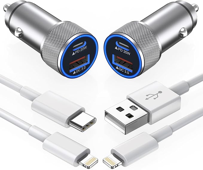 iPhone Car Charger,【2Pack】38W Dual Port USB C+QC3.0 [Apple MFi Certified] Fast Charging Cigarette Lighter iPhone Charger Car Adapter with【2 Pack】Lightning Cable for iPhone 14 13 Pro Max 12 11 X - Grey