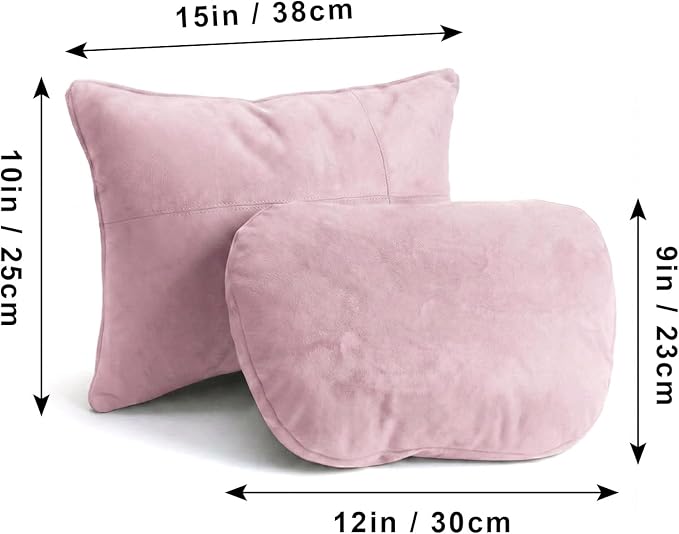 2PCS Car Pillow for Car Neck Pillow for Driving Seat Leather Neck Support Soft Cushion Back Support Head-Rests for Vehicle Sleeping with Elastic Adjustment Strap (Light Pink, Head and Lumbar)