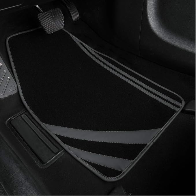 CAR PASS Carpet Car Floor Mats, Edge Leather Waterproof Car Mats with Double Stitch Line and Anti-Slip Backing Design, Fit 95% Automotive,SUVS,Sedan,Vans (Black and Gray)