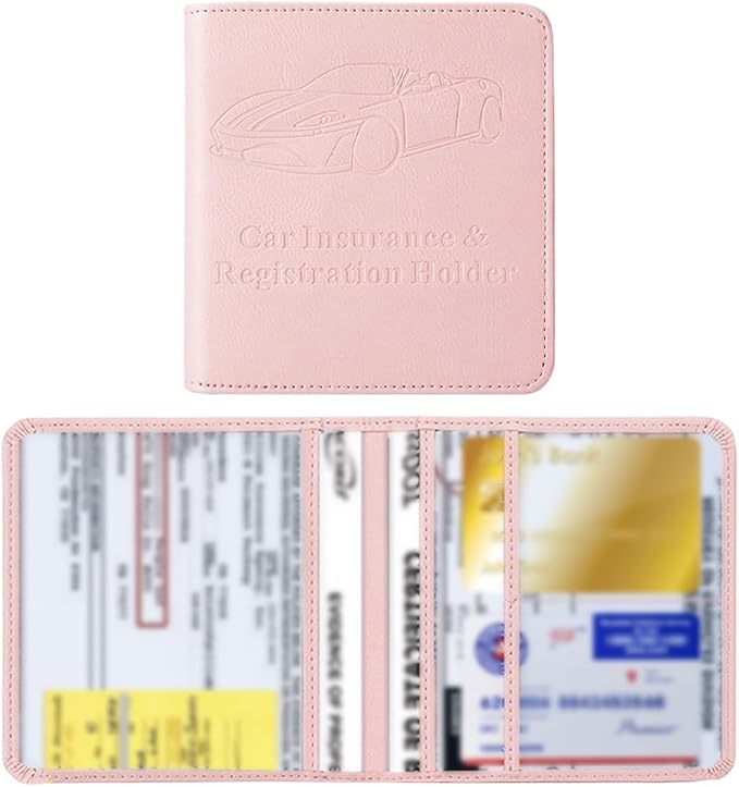 Car Registration and Insurance Holder, Vehicle Glove Box Organizer with Magnetic Closure, PU Leather Embossed Auto Card Document Holder Accessories, Universal for SUV, Truck, RV（Pink）