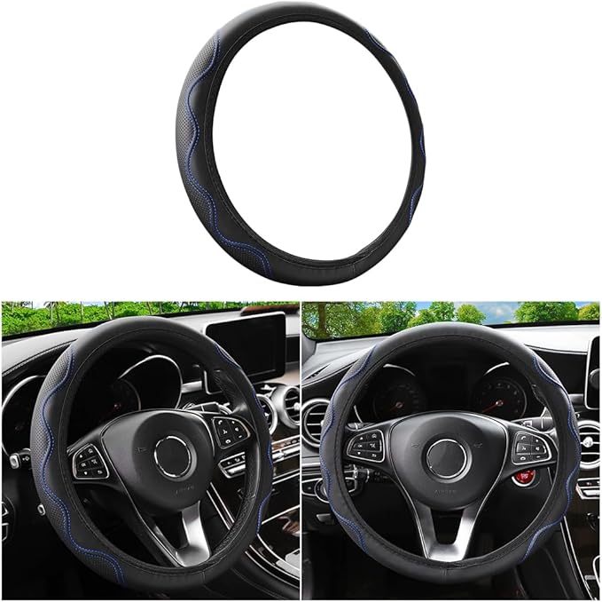 Elastic Stretch Car Steering Wheel Cover, Leather Soft Vehicle Steer Wheel Protector, 14.5-15 Inch Anti-Slip Automotive Protective Guard Accessories, Universal for SUV, Sedan, Truck (Black/Blue)