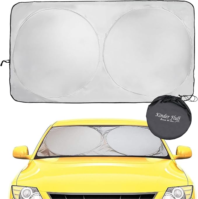 Kinder Fluff Windshield Sunshade | Reflective Patented Car Sun Protection - Certified 99% UVR Block - Cool Interior | Foldable Sun Visor Cover | Automotive Accessories for Summer Heat |Size S 59"x28"