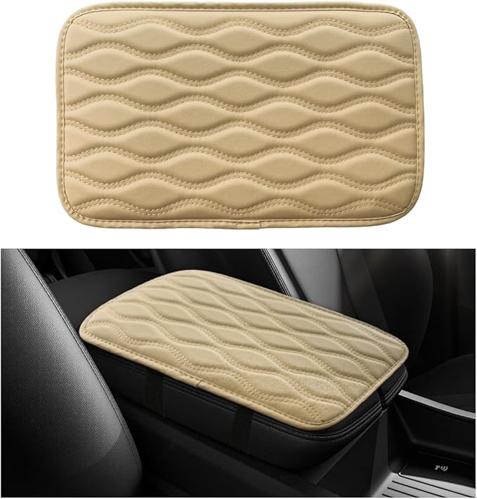 Car Center Console Pad, Waterproof Leather Armrest Seat Box Cover Protector, Non-Slip Middle Console Cushion Pad Interior Decor Fits Most Vehicles, Car Accessories (Beige)