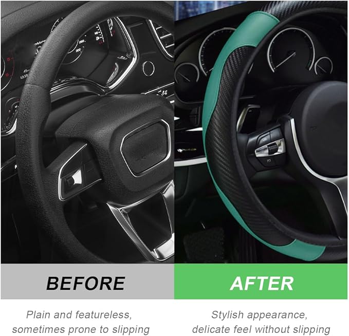 Car Steering Wheel Cover, 15 Inch Carbon Fiber Leather Stitching Color Steering Wheel Protector, Anti-Slip Elastic Breathable Steering Wheel Cover Stylish Decor for Most Cars (Black Green)