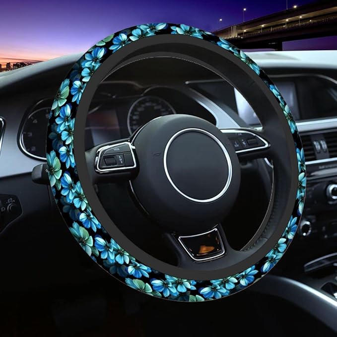Swono Flowers Blue Car Steering Wheel Cover,Beautiful Blue Flowers On A Black Safe Driving Anti-Slip Steering Wheel Covers Steering Wheel Protection Case No Smell Universal 15 Inch