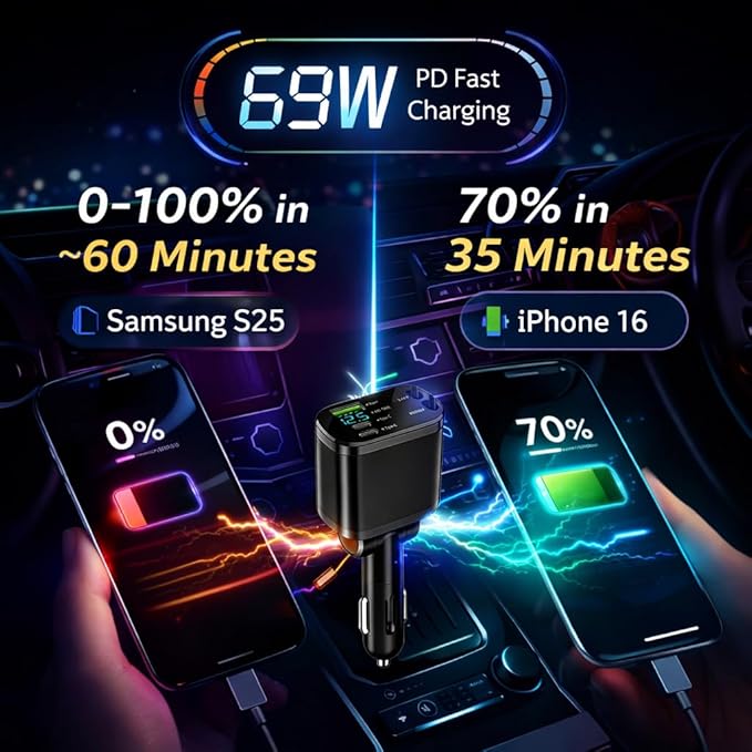 Mizi [2025 Upgraded] Retractable Car Charger 5 in 1, 69W Fast Charging with 2X Retractable Cords [Lightning + Type-C], 2X Type-C & 1X Type-A Port for iPhone 16/15/14/13/12, Samsung, and More - Black