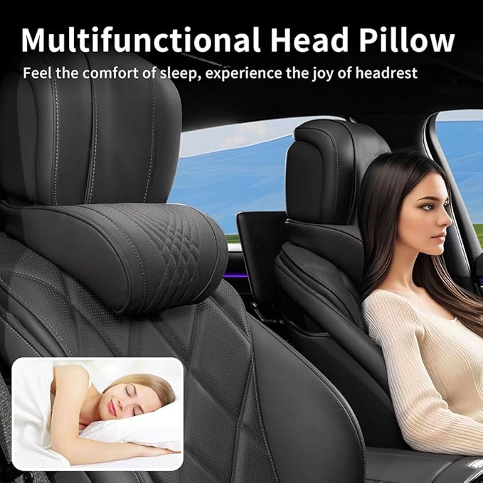 Dapucarin Car Headrest Memory Foam Neck Pillow for Driving with Leather Cover Soft Comfortable Seat Head Pillow Cushion for Most Cars SUV Sedan Home Office Black (2PC)