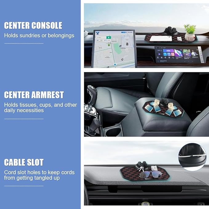 NHHEO Car Anti Slip Mat Dashboard Tray Decorations Sticky Pad Multi Functional Thickened and Widened Washable with 360° Rotating Universal Phone Pad Holder+Number Plate(Black&Brown)