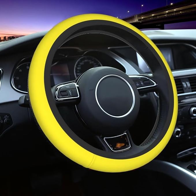 Elastic Stretch Steering Wheel Cover,Warm in Winter and Cool in Summer, Car Universal 15 inch, Microfiber Breathable Ice Silk, Anti-Slip, Odorless, Easy Carry,Yellow