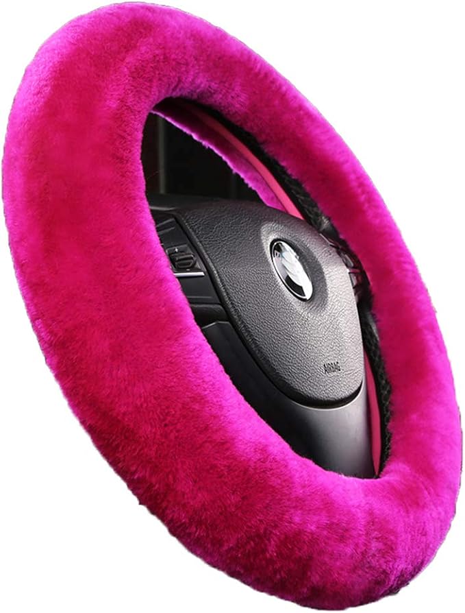 Fluffy Fur Wool Sheepskin Car Steering Wheel Cover for Woman Universal Auto Fuzzy Steering Wheel 14 1/2 inch-15 1/2inch Protector, Comforting Luxurious Soft (Magenta)