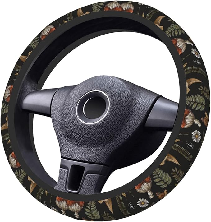 Vintage Mushroom Dragonfly Flower Steering Wheel Cover, Non-Slip Breathable Neoprene Steering Wheel Covers, Women Car Accessories Universal 15 Inch Fit Auto, Suvs, Truck