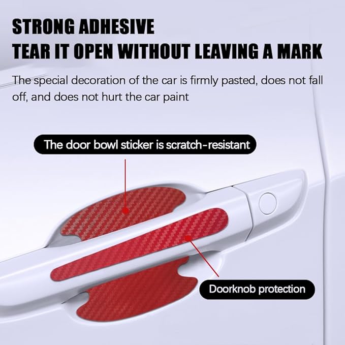 8PCS Car Door Handle Scratch Protectors, Carbon Fiber Car Door Handle Bowl Sticker, Universal Door Handle Protective Film for Most Cars (Red)
