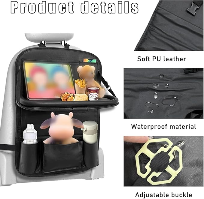 Car Backseat Organizer with Tablet Holder, 9 Storage Pockets PU Leather Foldable Table Tray Seat Back Protectors, Car Seat Back Protectors Kick Mats Car Accessories (Black)