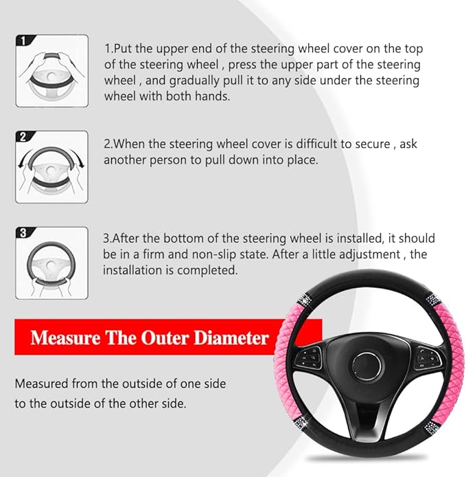 Bling Soft Leather Steering Wheel Cover, Anti-Slip Car Steering Wheel Protector, 15 Inch Rhinestones Soft Leather Elastic Steering Wheel Protector for Women Girls, Car Accessories for Most Cars