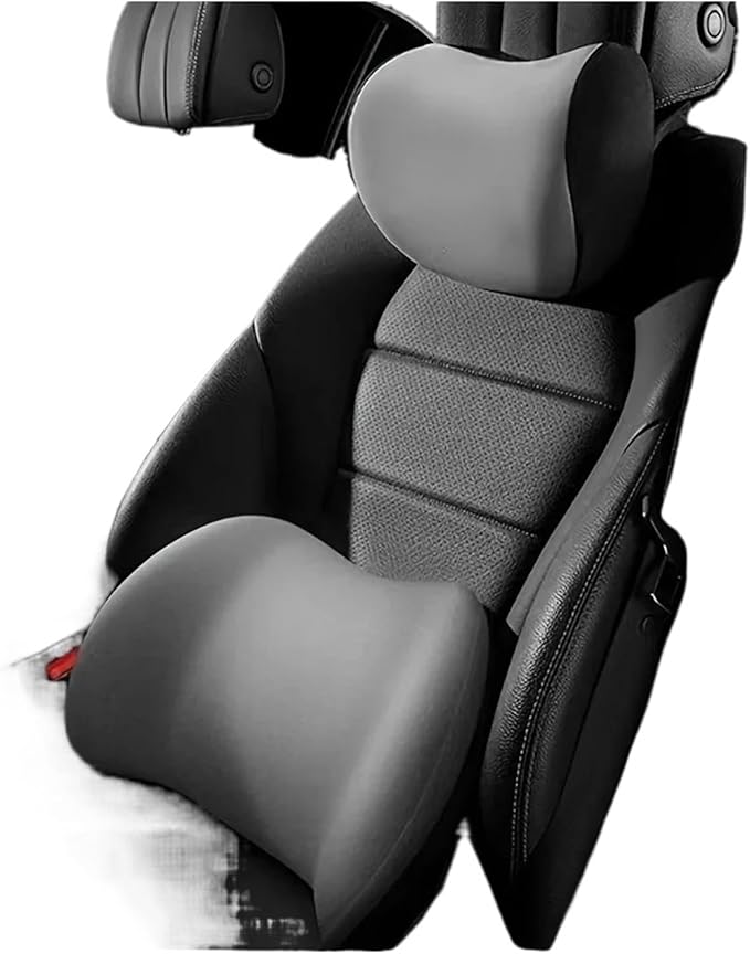 Memory Foam Car Neck Pillow & Waist Cushion - Soft fit for Seat Headrest & Lumbar Support for Comfort(Hb-Gray 1set)