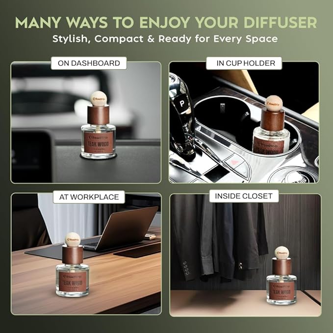 1Roadtrip Car Air Freshener - Long Lasting Aromatherapy Essential Oil Diffuser - Car Cup Holder Accessories for Men & Women - Non Toxic Air Freshener - Teakwood Scent Diffuser 1.69 FL OZ/50ML