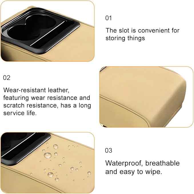 Car Center Console Armrest Pillow, Leather Vehicle Middle Console Protection Cushion with Cup & Phone Holder, Waterproof Automotive Arm Rest Box Cover Accessories, Universal Fit (Beige)