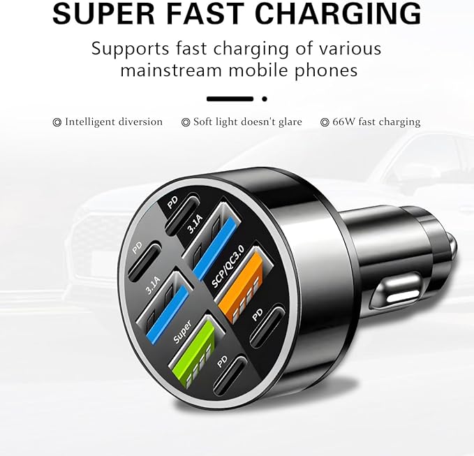 8 Ports 66W Car Charger, 12-24V Super Fast Charging with USB 3.1A PD&QC 3.0 with LED Voltmeter for Cigarette Lighter Plug, Compatible with All Smartphone, Universal Auto Accessories