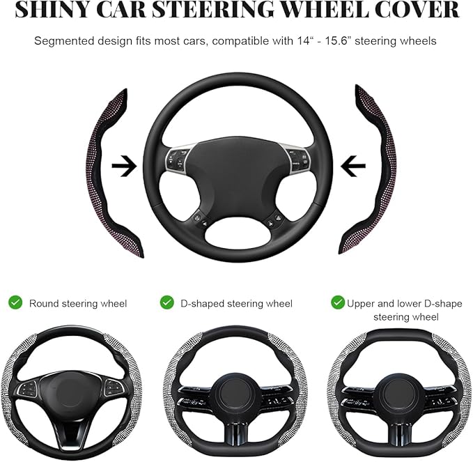 2 PCS Steering Wheel Cover, Segmented Car Wheel Covers with Crystal Rhinestones, Non-Slip Protector Bling Sparkly Decoration for Most Steering Wheels, Car Accessories (Pink)