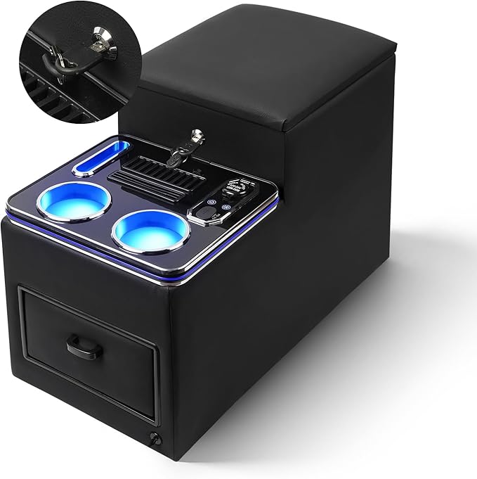 Center Console Between Seat with a Lock, Upgraded Center Console Organizer for Minivans, Truck & Motorhome, with Fast Phone Charging, 7-Color Adjustable LED Lighting and Cup & Phone Holder