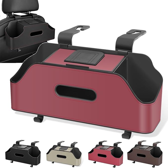 3-in-1 Car Backseat Organizer, Multifunctional Car Seat Back Storage Box, Car Storage Organizer with Cup Holders Tissue Box for Travel, Road Trip (Red)