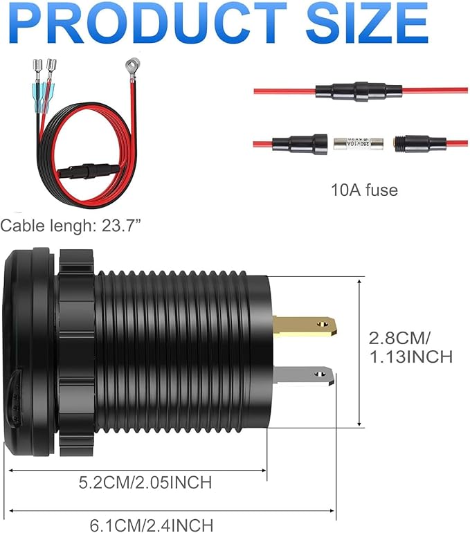 USB C Car Charger Socket, 12V USB Outlet with Voltmeter, Dual PD 30W and 18W QC3.0 Multi Port Car Cigarette Lighter Replacement Fast Charger for Boat Marine RV Vehicle