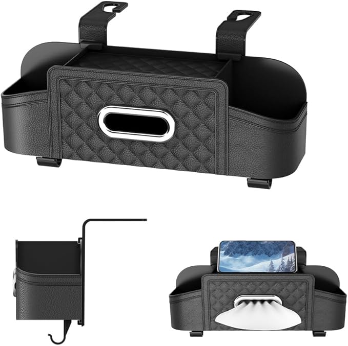 3-in-1 Car Backseat Organizer with Cup Holder Tissue Box and Hooks, Multifunctional Car Seat Back Storage Box, Car Organizers and Storage Box for Travel SUV Sedan Truck Car Accessories (Black)
