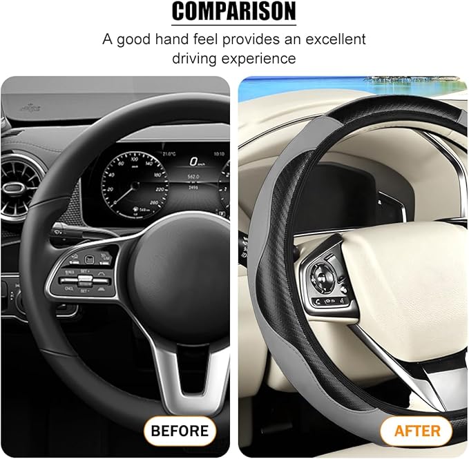 Carbon Fiber Car Steering Wheel Cover, 14.5-15 Inch Elastic Stretch Steering Wheel Guard, Sports Style Non-Slip Automotive Interior Accessories, Universal for Vehicles (Black/Gray)