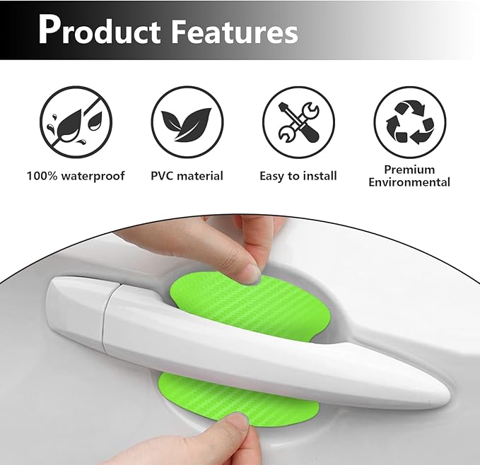 Kewucn 4PCS Car Door Handle Sticker, Carbon Fiber Auto Door Side Handle Protective Films, Anti-Scratch Vehicle Door Cup Protector, Universal Exterior Accessories for Most Cars (Green)