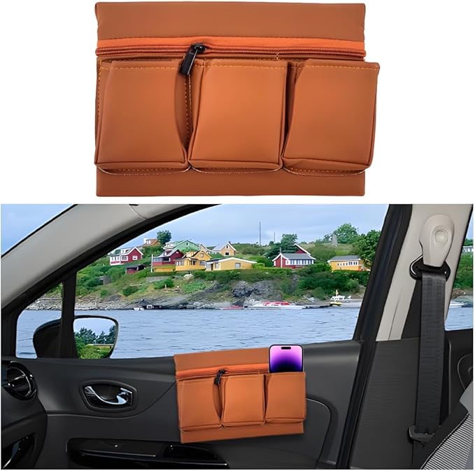 Mandark Car Window Armrest Storage Box, Leather Vehicle Side Door Organizer with Multiple Pockets, Comfortable Automotive Arm Elbow Rest Pad Bag Accessories, Universal for Most Cars (Brown)