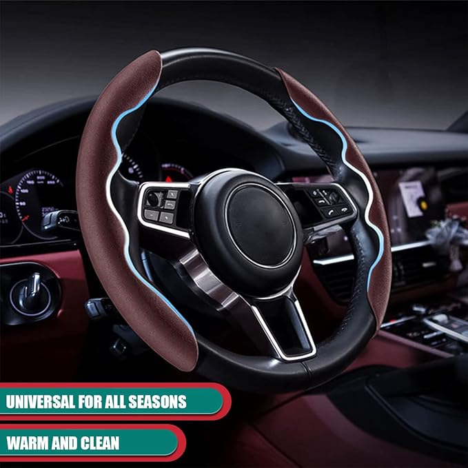 Car Steering Wheel Cover, Microfiber Suede Leather and Carbon Fiber Double Sided Design, Warm in Winter and Cool in Summer, Breathable Non Slip Segmented Protector for Most Cars (Turn Fur/Coffee)
