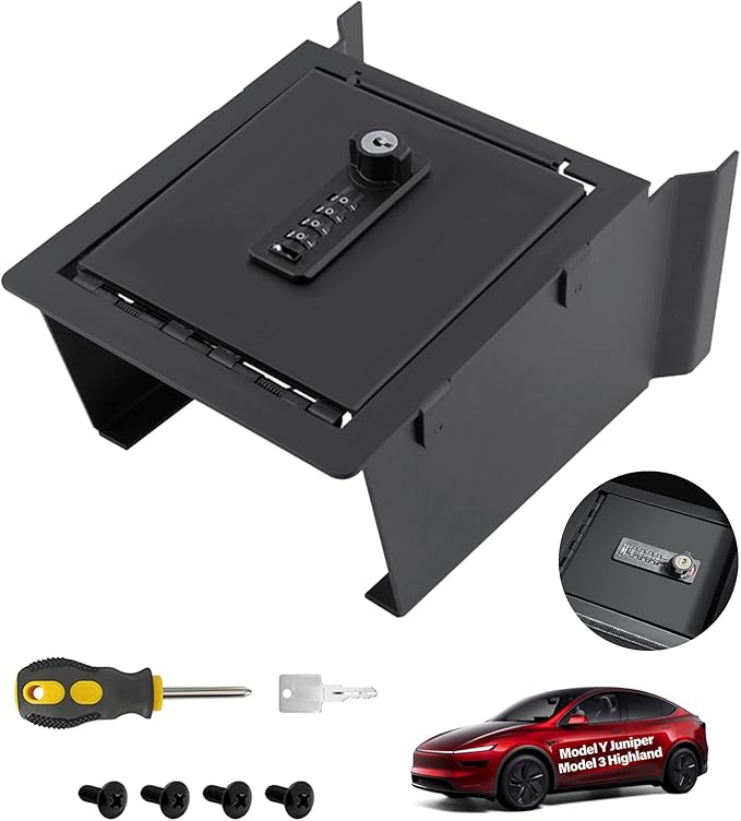 cybtkcar for Tesla Center Console Safe Organizer with 4-digit Lock Model Y Juniper Model 3 Highland Accessories 2025 2026 No Drill Glove Case with Combination Lock Armrest Anti-Theft Storage Tray Box