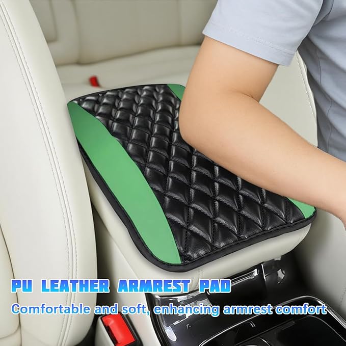 Car Center Console Cover, Comfortable PU Leather Vehicle Armrest Storage Box Cushion Pad, Anti-Scratch Automotive Interior Arm Rest Cover Protector, Universal for Truck SUV Sedan (Green)