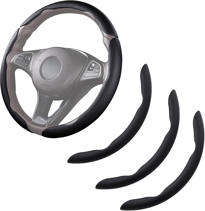 Car Steering Wheel Cover Leather Snap On 3Pcs Set Non-Slip Protector Wrap Steering Wheel Accessories 14.5-15 inch Universal Black