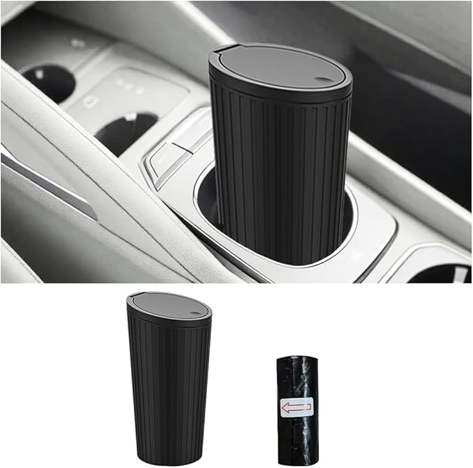 Car Trash Can with Lid, Mini Leakproof Cup Holder Vehicle Garbage Bin with 15PCS Rubbish Bags, Automotive Front Back Seat Dustbin Organizer, Universal for SUV Sedan Truck (Black)