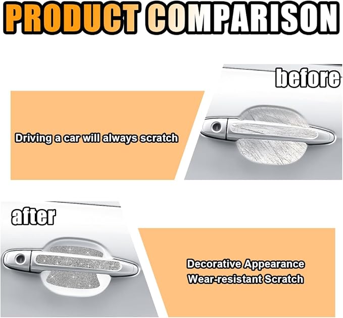 Bling Car Door Handle Protector, Bling Auto Doors Handles Sticker Anti-Scratch, Universal Car Door Handle Protective Cover, Shiny Rhinestone Auto Decor Accessories for Women (White)