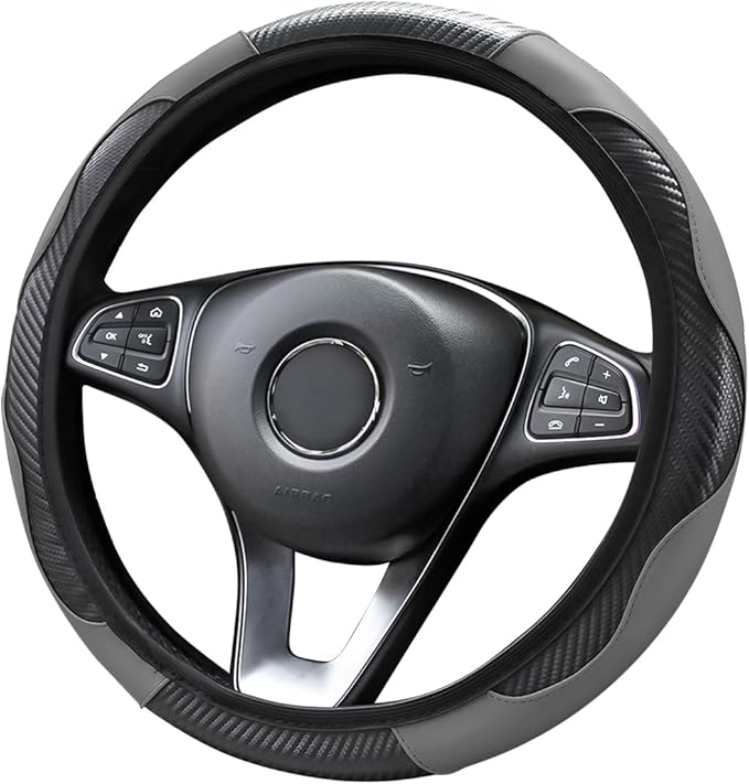 Car Steering Wheel Cover, Universal Microfiber PU Leather Elastic 15 inch Stitching Color Anti-Slip Steering Wheel Protector, Car Interior Accessories for Men Women (Black/Gray)