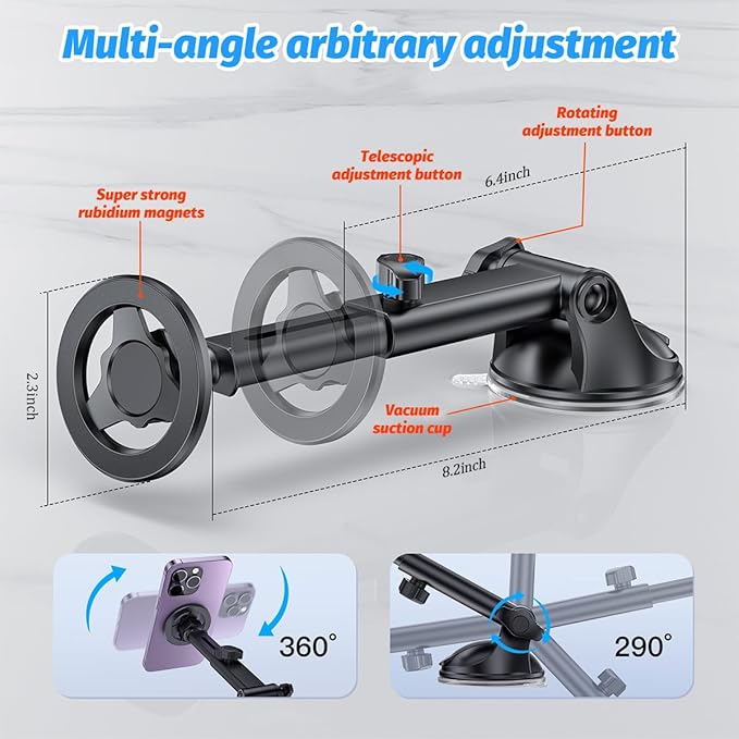 Magnetic Car Phone Holder, 360° Adjustable Vehicle Cell Phone Mount with Suction Cup Stand, Automotive Smartphone Holder for Dashboard Windshield, Universal for SUV RV Truck (StyleA)