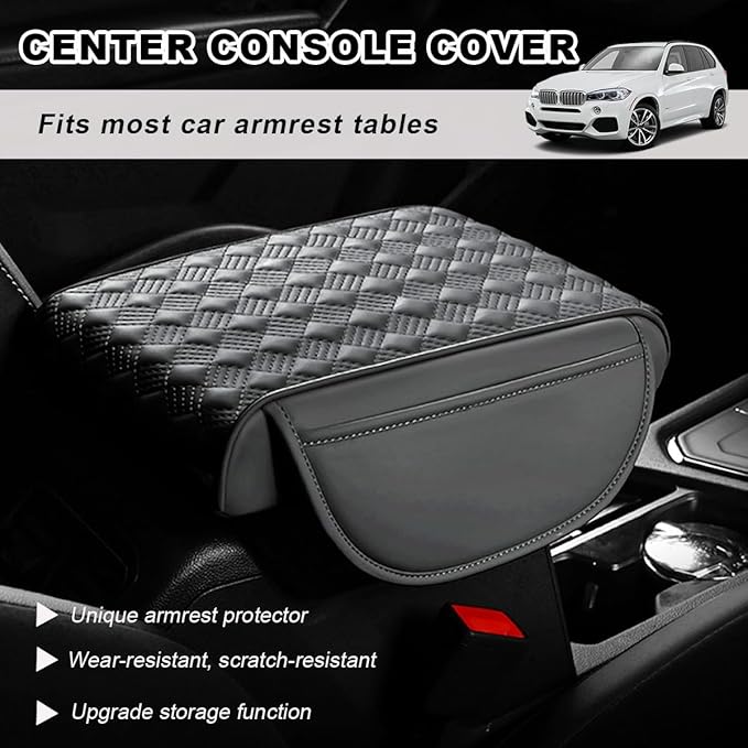Car Center Console Cover, 12.6"×8.7" Waterproof Leather Auto Armrest Box Protector Elbow Pillow with Storage Pocket, Comfortable Memory Foam Arm Rest Box Cushion Pad, Car Accessories (Gray)