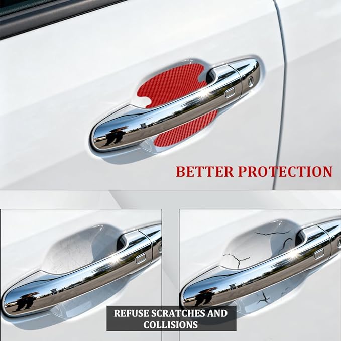 4PCS Car Door Handle Scratch Protectors, Car Door Handle Sticker, Carbon Fiber Anti-Scratches Auto Bowl Protectors, Waterproof Cup Paint Guard Protective Films for Most Vehicles (Red 4PCS)