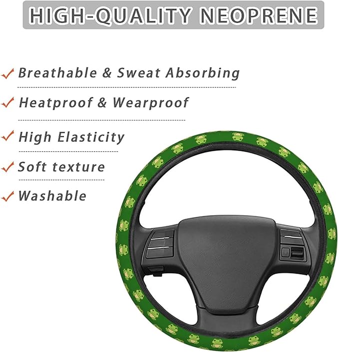 FeHuew Cute Green Frogs Steering Wheel Cover for Women, Girls 15 inch Universal Auto Car Anti Slip Wrap Steering Wheel Covers Fit for Vehicles, Truck, SUV