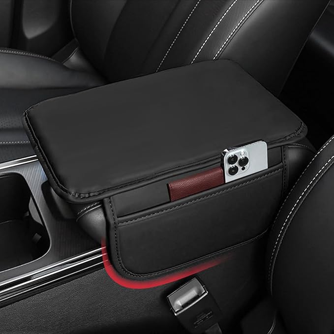 Car Center Console Cover Leather Armrest Cover Cushion with 2 Storage Bags Universal Car Armrest Seat Box Pad Car Interior Accessories Protector for Most Vehicle (Black)
