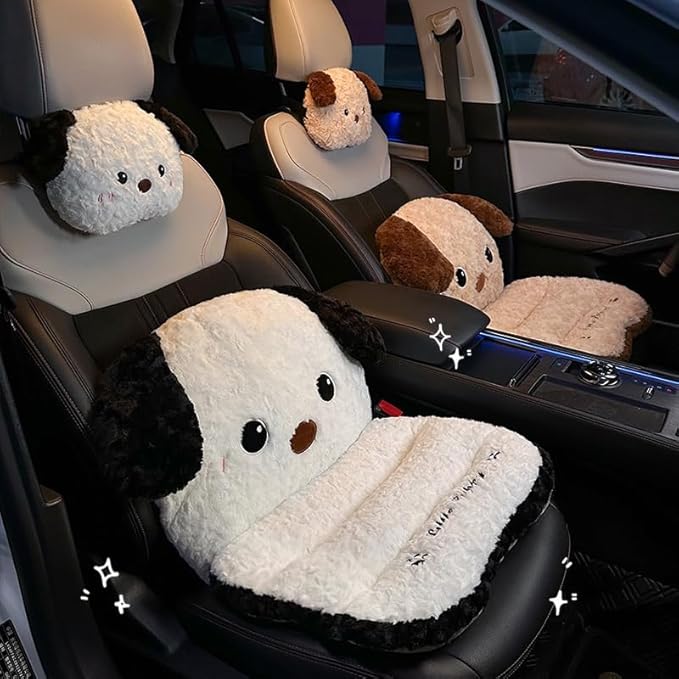 Plush Dog Car Seat Cushion Set with Lumbar Support & Headrest Pillow – Soft Universal Vehicle Interior Comfort Accessory (White)