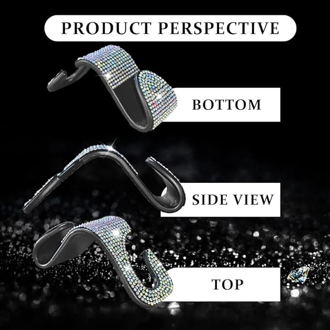 2PCS Car Seat Hooks, Purse Hook for Car, Crystal Rhinestone Vehicle Backseat Purse Holder, Auto Accessories Diamond Auto Seatback Storage Organizer Hanger for Handbag Clothes Purse (Colorful)