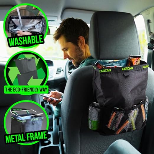 CarCan The Original 3 in 1 Hanging Car Trash Can for Back Seat, Cooler & Storage Bag – Metal Framed, Washable & Reusable Car Trash Bin with 3 Pockets Pack of 10