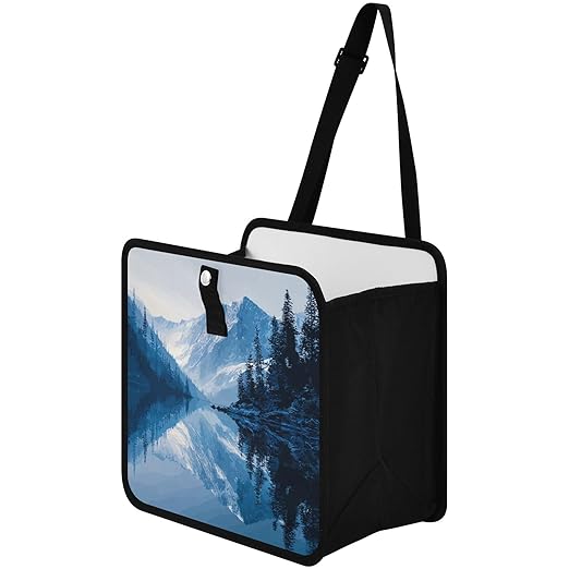 Car Trash Can Organizer Bin with Adjustable Strap for Back Front Seat Console Waterproof Leakproof Collapsible Portable 11 Inch Winter Blue Mountain and Mirrored Lake