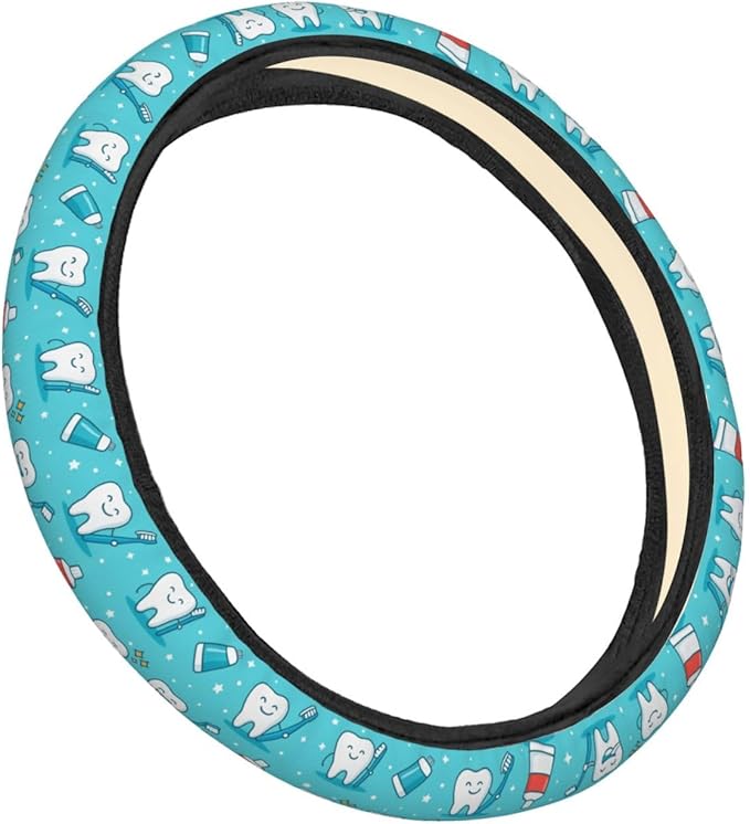 FeHuew Cute Teeth Blue Pattern Steering Wheel Cover for Women, Girls 15 inch Universal Auto Car Anti Slip Wrap Steering Wheel Covers Fit for Vehicles, Truck, SUV