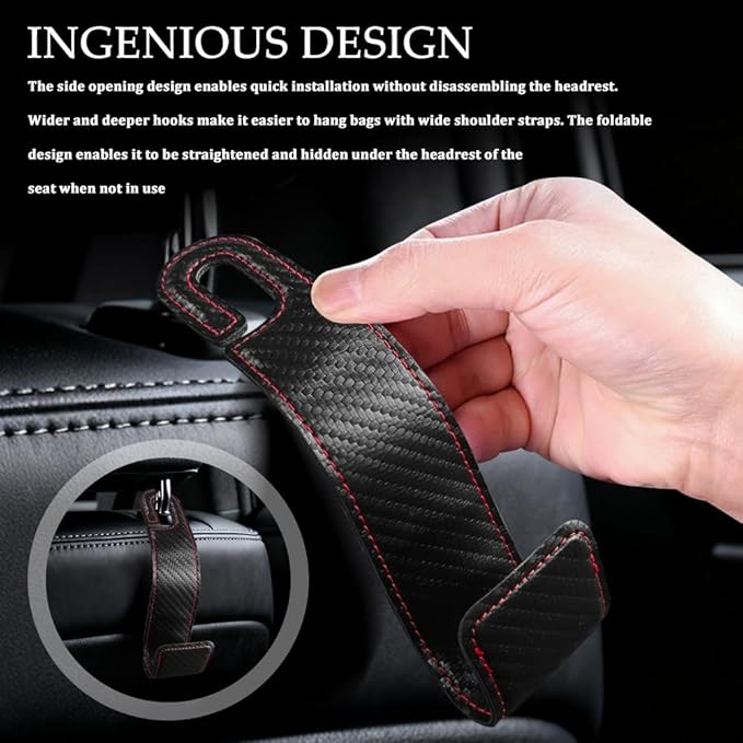 2PCS Purse Holder for Car, Purse Hook for Car, Leather Headrest Hooks for Automotive Back Seat, Auto Accessories Back Seat Organizer Hook for Grocery Bag Handbag Coat (Carbon Fiber, 2PCS)